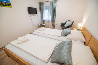 two beds in a small room with a tv at Guesthouse Leski Dvor in Lesce
