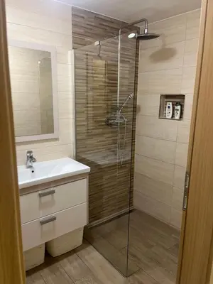 a bathroom with a shower and a sink and a mirror at Pr Šemnič in Kamnik