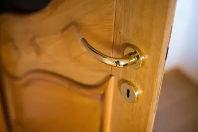 a brass door knob on a wooden door at Rooms Ambrožič in Bled