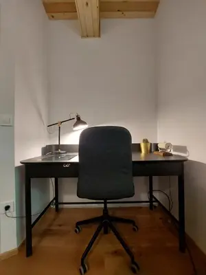 a desk with a chair and a lamp on it at Cottage at the lake in Preserje