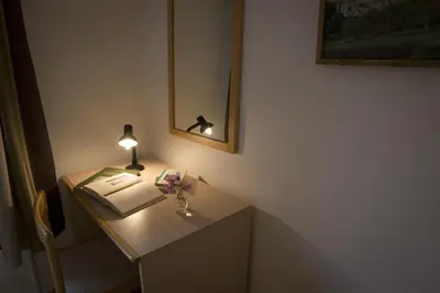 a desk with a book and a lamp on it at Apartmaji in sobe Marija Jera Štanjel in Štanjel
