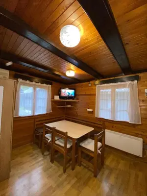 a dining room with a table and chairs and a tv at Hiška Nisa in Čatež ob Savi