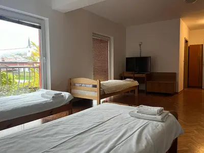 a room with two beds and a tv and a window at Prenočišče Buco in Krško