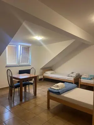 a room with a bed and a table and chairs at Prenočišče Buco in Krško