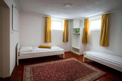 a room with two beds and a rug and two windows at Apartma Sejalec, Lesce - Bled in Lesce