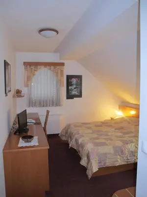 a bedroom with a bed and a desk with a computer at Apartment Sobe Ravbar in Novo Mesto