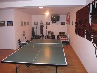 a ping pong table in the middle of a room at Apartment Sobe Ravbar in Novo Mesto