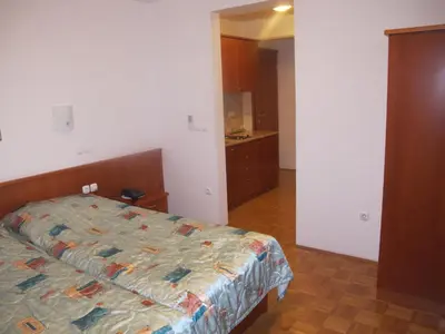 a bedroom with a bed and a room with a kitchen at Apartment Sobe Ravbar in Novo Mesto
