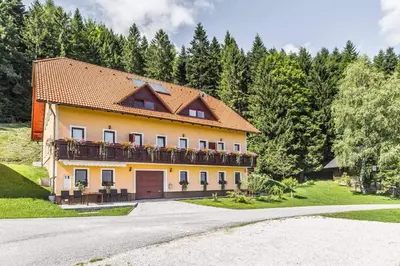 a house on a road with trees in the background at Apartments Planina pod Sumikom in Planina pod Sumnikom