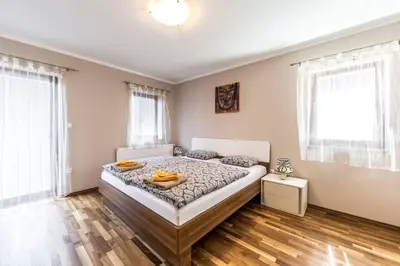 a bedroom with a bed and two windows at Apartments Planina pod Sumikom in Planina pod Sumnikom