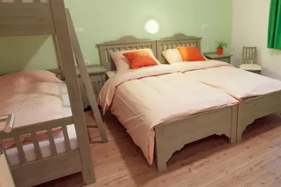 a bedroom with two bunk beds and a ladder at Guesthouse Macesen in Spodnja Sorica