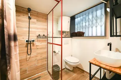 a bathroom with a shower and a toilet and a sink at Apartma N'Poznam župa in Ljubljana