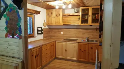 a kitchen with wooden cabinets and a sink at Holiday Home Prdelanca in Luče