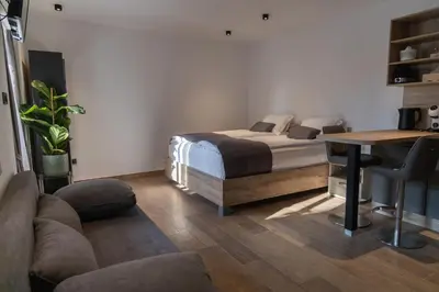 a bedroom with a bed and a table and a couch at PosestvoRavbar in Dutovlje