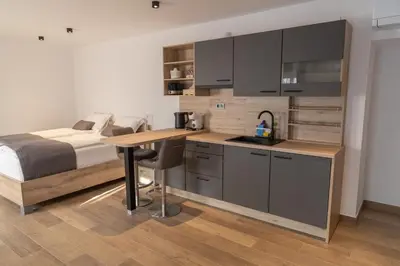 a bedroom with a bed and a kitchen with a desk at PosestvoRavbar in Dutovlje
