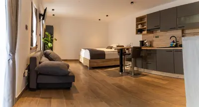 a bedroom with a bed and a table and a kitchen at PosestvoRavbar in Dutovlje