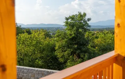 a balcony with a view of trees and mountains at PosestvoRavbar in Dutovlje