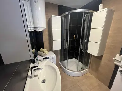 a small bathroom with a toilet and a shower at Apartment Adam & Eva, Near terme Olimia, Free Parking in Podčetrtek