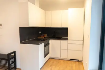 a kitchen with white cabinets and a black counter top at Ella's Cozy place in Ljubljana