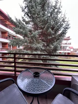 a glass table on a balcony with a tree at Apartmaji Irma in Moravske Toplice