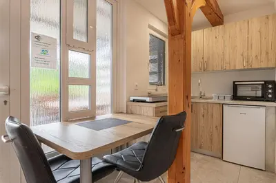 a kitchen with a wooden table and chairs at Apartments Natura in Adlešiči