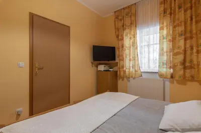a bedroom with a bed and a television and a window at Apartments Natura in Adlešiči