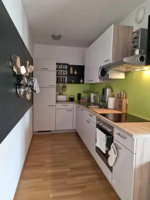 a kitchen with white cabinets and green walls at Waldorf Apartment in Ljubljana