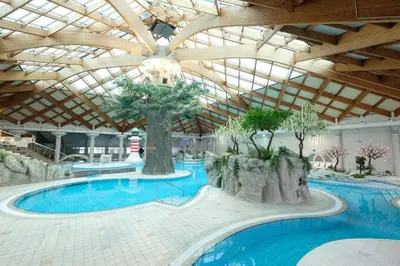 a large swimming pool with a tree in a building at Holiday home Isabella in Terme Čatež in Čatež ob Savi