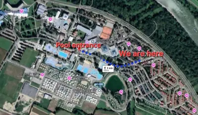 a map of a road interchange with the words pool entrance and we are here at Holiday home Isabella in Terme Čatež in Čatež ob Savi