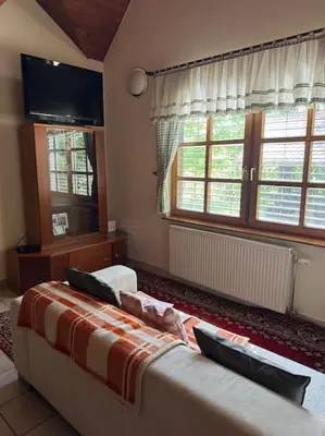 a living room with a couch and a tv and windows at Chalet Neva in Loče pri Poljčanah