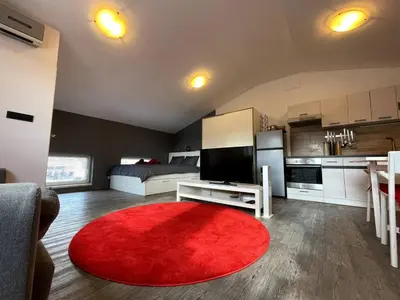 a living room with a red rug and a kitchen at Chic Loft with Open Floor Plan in Spodnja Šiška