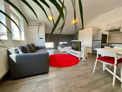 a living room with a couch and a red rug at Chic Loft with Open Floor Plan in Spodnja Šiška