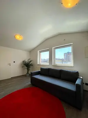 a living room with a black couch and a red rug at Chic Loft with Open Floor Plan in Spodnja Šiška