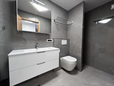 a bathroom with a white sink and a toilet at Apartment Angelina in Cerklje na Gorenjskem
