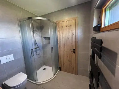 a shower with a glass door in a bathroom at Panorama Krvavec Ski-in, Ski-out in Cerklje na Gorenjskem