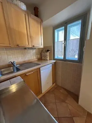 a small kitchen with a sink and a window at Gorjuška Rozamunda in Bohinjska Bistrica