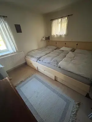 two twin beds in a room with a window at Gorjuška Rozamunda in Bohinjska Bistrica