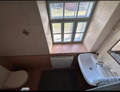 a bathroom with a bath tub and a window at Gorjuška Rozamunda in Bohinjska Bistrica