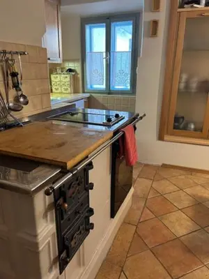 a kitchen with a stove and a counter top at Gorjuška Rozamunda in Bohinjska Bistrica
