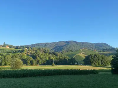a green field with trees and mountains in the background at The old Village Villa At 2 Geese with Pool in Pišece