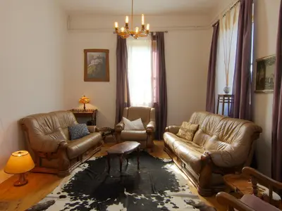 a living room with leather furniture and a chandelier at The old Village Villa At 2 Geese with Pool in Pišece