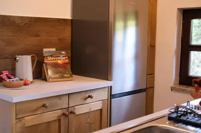 a kitchen with a stainless steel refrigerator and a counter at Hiška Brajda in Rogaška Slatina