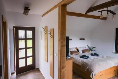 a bedroom with a large bed with a wooden door at Hiška Brajda in Rogaška Slatina