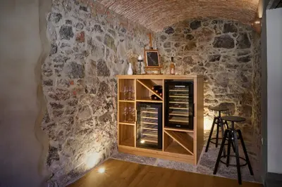 a room with a stone wall and a cabinet with wine glasses at Pri Štefacovih - Authentic house in Grahovo