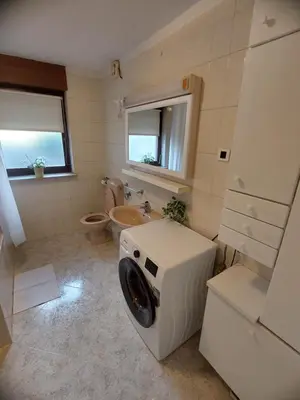 a bathroom with a washing machine in the middle of it at Apartma MILA in Šempas