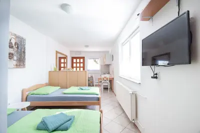 a small room with two beds and a flat screen tv at Klub Zlata Ribica in Jesenice