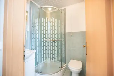 a bathroom with a shower and a toilet at Klub Zlata Ribica in Jesenice