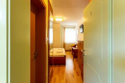 a room with a bedroom with a bed and a door at Sobe in apartmaji Triglav - Gostinstvo Tomex in Ilirska Bistrica
