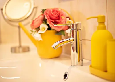 a bathroom sink with a faucet and a vase of flowers at Heart Bled in Bled