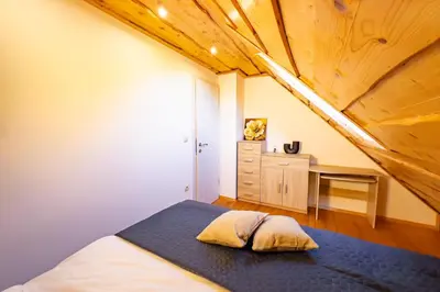 a bedroom with a bed and a desk in a room at Holiday Home Emaj with Sauna in Krška Vas